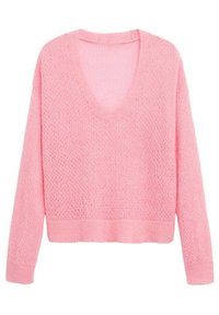 Pull rose tricoté avec un col en V, manches longues et coupe ample. La texture est aérée avec un ourlet et des poignets côtelés.