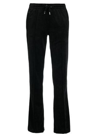 Pantaloni jogger neri in pile con vita regolabile, tasche laterali e design a gamba dritta. Texture liscia, adatti per un abbigliamento casual.