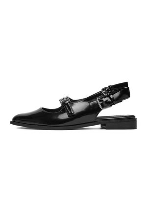 Black patent leather slingback shoe with a rounded toe, double buckle accents, and a low block heel. Smooth texture with no visible patterns.