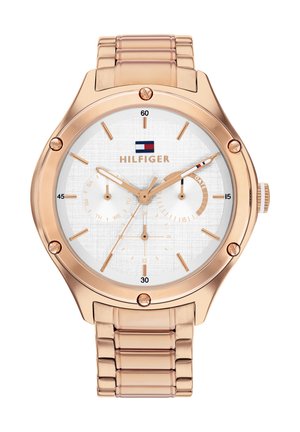 Reloj de metal en oro rosa con un dial blanco texturizado. Presenta subdiales de cronógrafo, visualización de la fecha y marcadores de hora alargados. Diseño de pulsera.