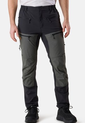 Robuste, mehrfache Taschen tragende Outdoor-Hosen in Schwarz und Dunkelgrau, mit einem dehnbaren Bund und Reißverschluss-Taschen an den Seiten.