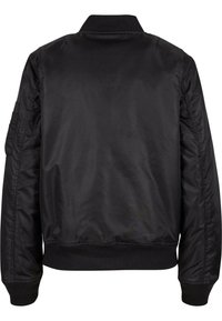 Schwarze Bomberjacke aus glattem Nylon, mit einem gerippten Kragen und Bündchen, schlichtem, einfarbigem Design und ohne sichtbare Hardware.