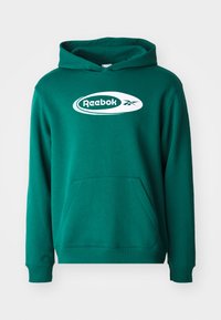 Hanorac verde din bumbac cu buzunar tip kangur, manșete ribbate și un logo alb Reebok pe piept. Textură moale și ajustare standard.