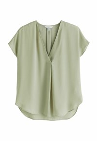 Hellgrüne Kurzarmbluse aus einem glatten Stoff mit V-Ausschnitt und abgerundetem Saum, die eine lockere, entspannte Passform und minimale Nähte aufweist.