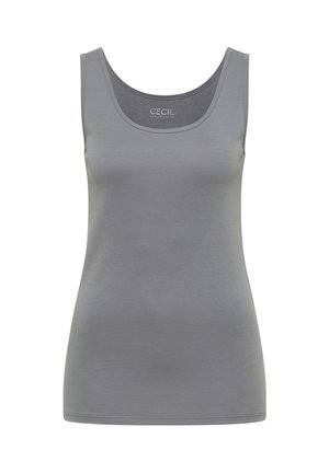 Canotta da donna grigia senza maniche con scollo rotondo, con etichetta "CECIL ESSENTIALS" all'interno del colletto.