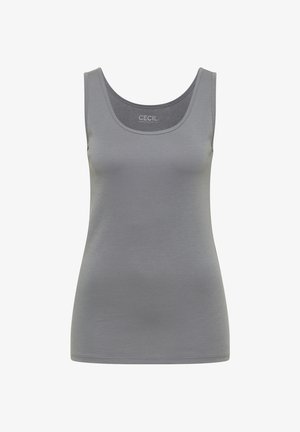 Canotta da donna grigia senza maniche con scollo rotondo, con etichetta "CECIL ESSENTIALS" all'interno del colletto.