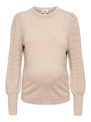 Beeži värvusega õmmeldud rasedusajakampsun pikkade paelutud varrukatega, millel on õrn silmaaugumuster ning soonikulised mansetid ja ääred.