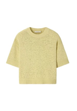 Pull en maille jaune clair à manches courtes avec col rond, poignets et ourlet côtelés, présenté à plat sur fond blanc.