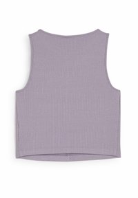 Lavendel geribbelde crop top met brede armsgaten, zachte textuur en een rechte zoom. Bevat een eenvoudig, naadloos ontwerp aan de achterkant.