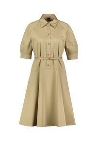 Kurze Ärmel, tailliertes Kleid aus hellbeigem Stoff. Merkmale sind ein Kragen, eine Knopfleiste und eine A-Linien-Silhouette. Glatte Textur.