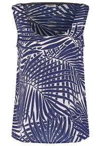 Tmavě modrý bezrukávový top s bílým listovým plamkovým potiskem, který má široký výstřih a volný střih. Vyrobeno z lehké tkaniny.
