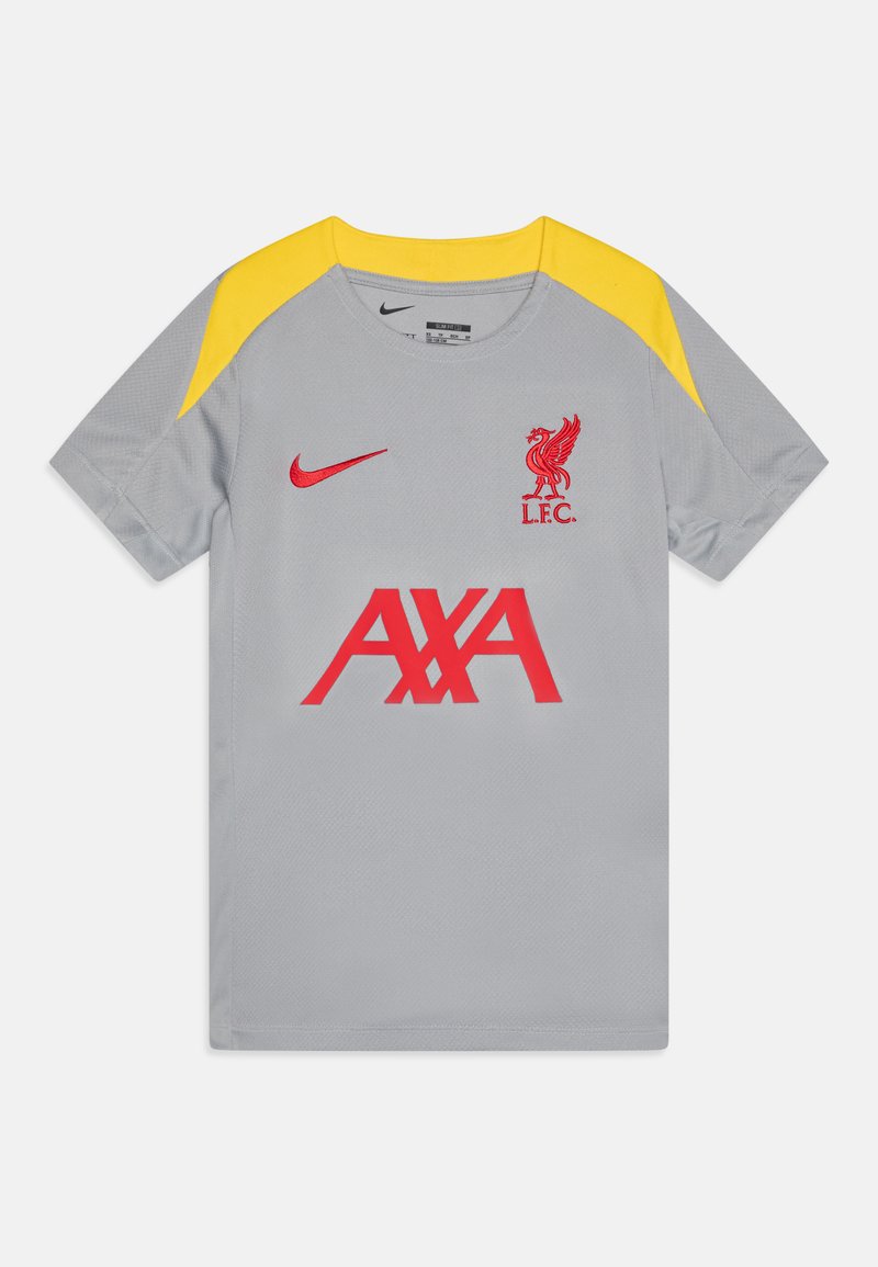 Szary dres sportowy z żółtymi akcentami na ramionach, z czerwonym logo Liverpool FC i napisem "AXA" wydrukowanym na czerwono z przodu. Logo Nike na klatce piersiowej.