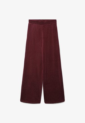 Pantalons larges bordeaux en tissu texturé doux avec un motif à pois, équipés d'une taille élastique pour un ajustement confortable.