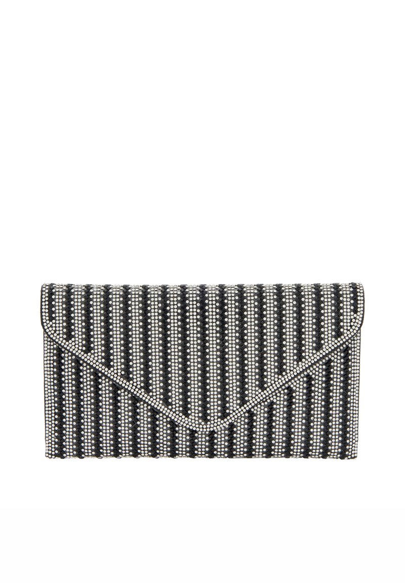 Sort-hvid stribet clutch, prydet med små sølvnitter. Har en kuverstil flap og en tekstureret overflade.