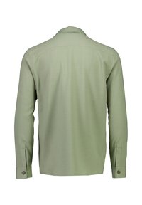 Hellgrünes Langarmhemd mit knöpfbaren Manschetten, sichtbarer Rückennaht und klassischem Kragen, von hinten auf weißem Hintergrund gezeigt.