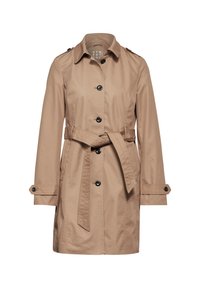 Béžový trenčkot s páskem v pase, černými knoflíky a nášivkami na ramenou. Má dlouhé rukávy a klasický střih. Hladká textura.