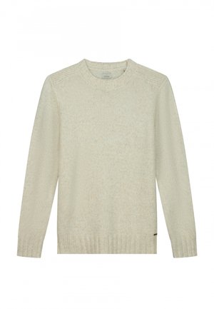 Lys beige strikkegenser med rund hals, lange ermer, ribbestrikkede mansjetter og for. Teksturert stoff med subtile variasjoner.