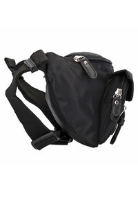 Sac en nylon noir de forme arrondie, avec sangle ajustable, compartiments zippés et accents en métal argenté. Surface texturée pour plus de durabilité.