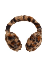 Ušesne muffe iz umetnega krzna v vzorcu leoparda, ki vključuje odtenke rjave in črne. Mehka tekstura z širokim, prilagodljivim trakom.