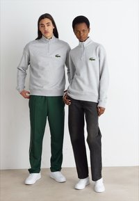Pelēkas džemperi ar rāvējslēdzēju un zaļu Lacoste logo, kombinēti ar zaļiem sporta biksēm un tumšām džinsām. Baltas kedas noslēdz kopskatu.