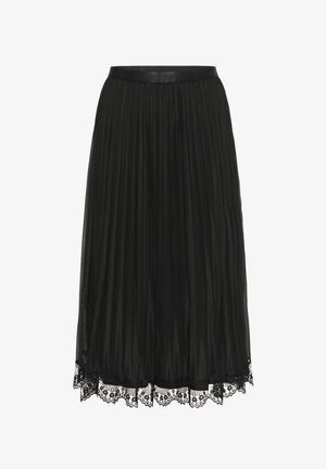 Juodas klostuotas midi sijonas su permatomu sluoksniu ir nėriniuota apdaila prie apačios, turintis prigludusią liemenėlę.