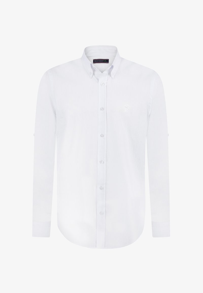 Weißes langärmliges Hemd mit Knöpfen, klassischem Kragen und einer kleinen Logo auf der Brust. Texturierter Stoff.