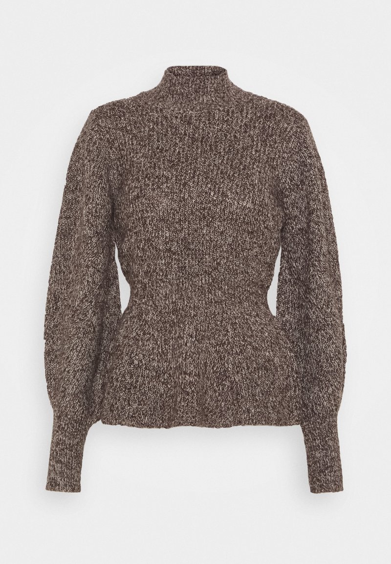 Brauner Strickpullover mit hohem Kragen, Puffärmeln und tailliertem Schnitt. Strukturierter Stoff mit einem abwechslungsreichen Muster.