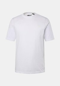 Hvid bomulds T-shirt med korte ærmer, rund halsudskæring og et lille gult logo på venstre bryst. Glat tekstur og standard pasform.