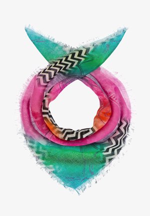 Kolorowy szal z żywymi różowymi, zielonymi i pomarańczowymi odcieniami oraz zygzakowatym czarno-białym wzorem wzdłuż krawędzi. Tekstura z frędzlami.