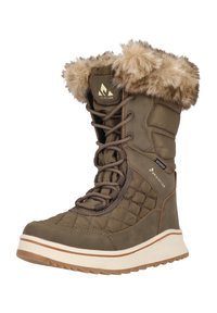 Brun vattentät vinterstövel med vadderad yta, krage i konstpäls, snörning fram och en tjock vit sula med bruna accenter.