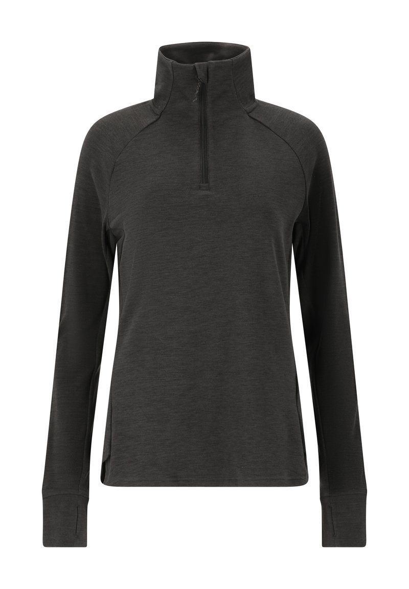 Svart långärmad topp med fyrvägsdragkedja, raglanärmar, mjukt tyg och sidofickor för enkel rörelse, designad för komfort och lagerbarhet.