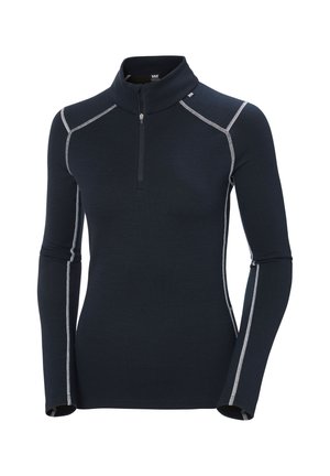 Marineblaues Langarmshirt mit Reißverschluss aus weichem Material, mit reflektierenden grauen Nähten entlang der Schultern und Seiten für Sichtbarkeit und Design.