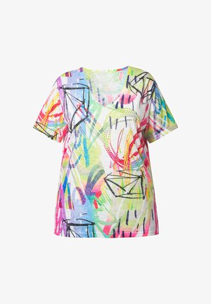 T-shirt med korte ærmer lavet af letvægtsstof, med et flerfarvet abstrakt mønster med geometriske konturer og legende detaljer.