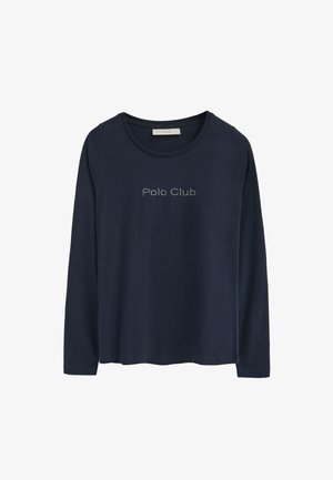Marineblaues Langarmshirt aus weichem Stoff mit einem runden Halsausschnitt und "Polo Club"-Schriftzug in metallischen Akzenten über der Brust.