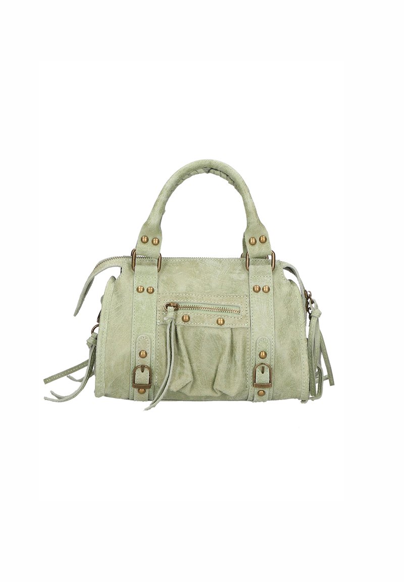 Mintgroene handtas van textuurstof, met twee bovenhandgrepen, studs, geplooide accenten en een ritsvak aan de voorkant.