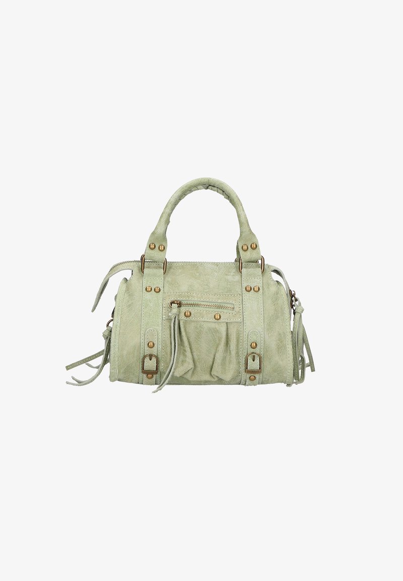 Sac à main vert menthe en tissu texturé, avec deux poignées supérieures, des clous, des accents plissés et une poche zippée à l'avant.