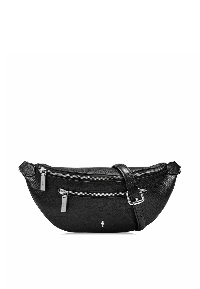 Czarna skórzana saszetka na biodra z dwiema zamykanymi komorami, regulowanym paskiem, teksturowaną powierzchnią i srebrnymi akcentami metalowymi.