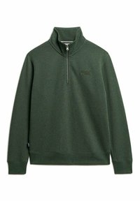 Sudadera verde de tejido suave, con media cremallera, cuello alto y un sutil logo de la marca en el pecho. Puños y dobladillo acanalados.