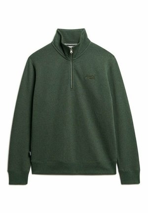 Grøn pullover sweatshirt lavet af blødt stof, med halv lynlås, høj krave og subtilt brandlogo på brystet. Ribbet manchetter og kant.