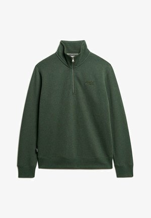 Grøn pullover sweatshirt lavet af blødt stof, med halv lynlås, høj krave og subtilt brandlogo på brystet. Ribbet manchetter og kant.