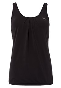 Top de entrenamiento negro con escote redondeado, detalle plisado en el centro y un pequeño logo gris en el lado izquierdo del pecho. Fabricado en una tela suave y elástica.