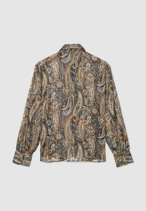Camicia a maniche lunghe con motivo paisley in marrone, blu e crema su un tessuto lavorato, con colletto a lancia e polsini con bottoni.