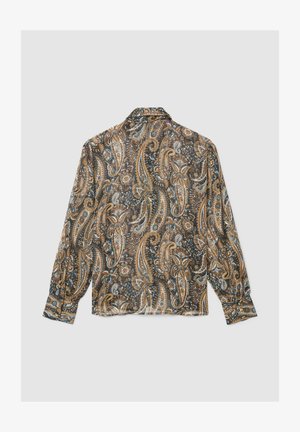 Camicia a maniche lunghe con motivo paisley in marrone, blu e crema su un tessuto lavorato, con colletto a lancia e polsini con bottoni.