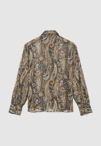 Long-sleeve shirt featuring a paisley pattern in brown, blue, and cream on a textured fabric, with a notched collar and buttoned cuffs.