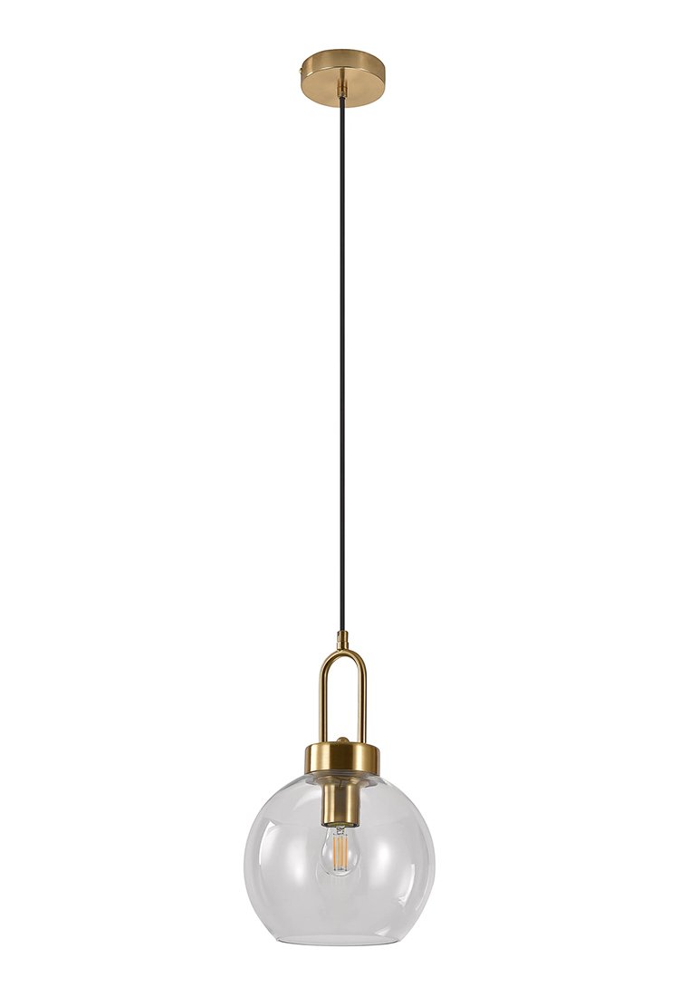 Lámpara colgante con esfera de vidrio transparente, soporte de latón y cable negro colgando del soporte del techo.