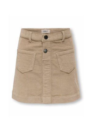 Jupe mini en velours côtelé beige avec deux poches avant, deux boutons noirs, des passants de ceinture et une étiquette "ONLY" à l'intérieur de la taille.