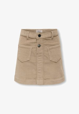 Jupe mini en velours côtelé beige avec deux poches avant, deux boutons noirs, des passants de ceinture et une étiquette "ONLY" à l'intérieur de la taille.