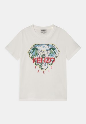 Witte katoenen t-shirt met een kleurrijke olifantafbeelding met de tekst "KENZO PARIS" in het rood. Ronde halslijn en korte mouwen.