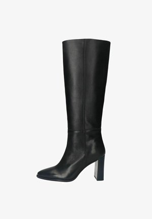 Zwarte leren kniehooglaars met een gladde textuur, spitse neus en stevige blokhak. Kenmerkt zich door strakke lijnen en een minimalistisch ontwerp.