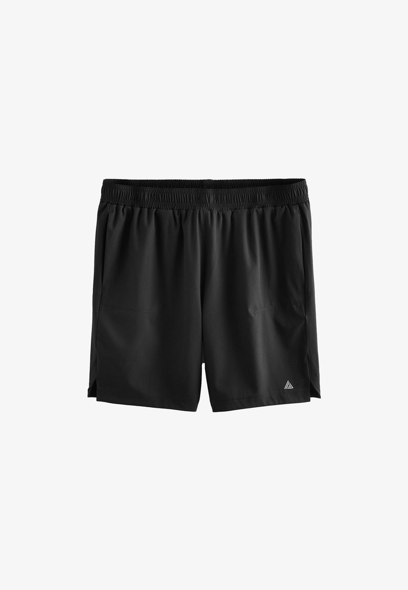 Zwarte sportieve shorts met een elastische tailleband, twee zijzakken en een driehoekig logo op de linker onderrand. Lichtgewicht materiaal.